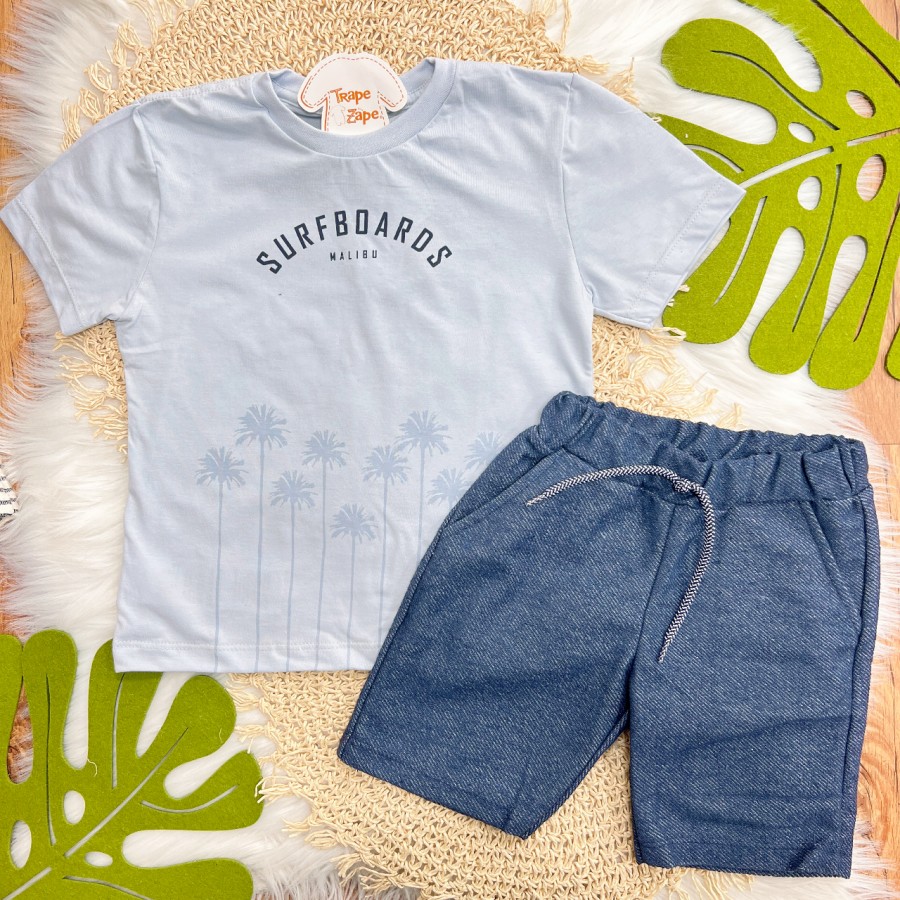 Conj. Camiseta Surfboards e Bermuda - Azul Claro e Azul Petróleo